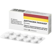 Дилтиазем Ланнахер <h3>Дилтиазем<br>таблетки пролонгированного действия,<br>покрытые пленочной оболочкой 90 мг №20</h3>