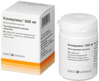 Конвулекс<sup>®</sup><br><h3>вальпроевая кислота<br>таблетки пролонгированного действия,<br> покрытые пленочной оболочкой, 500 мг №50</h3> 